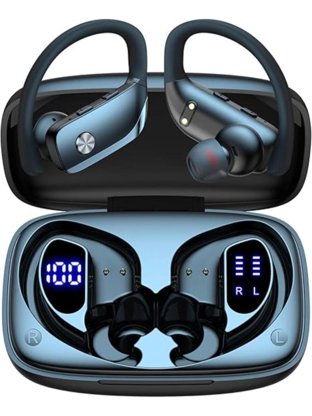 Black Wireless Earbuds Bluetooth LED Display Ear-hooks Built-in Mic Headset